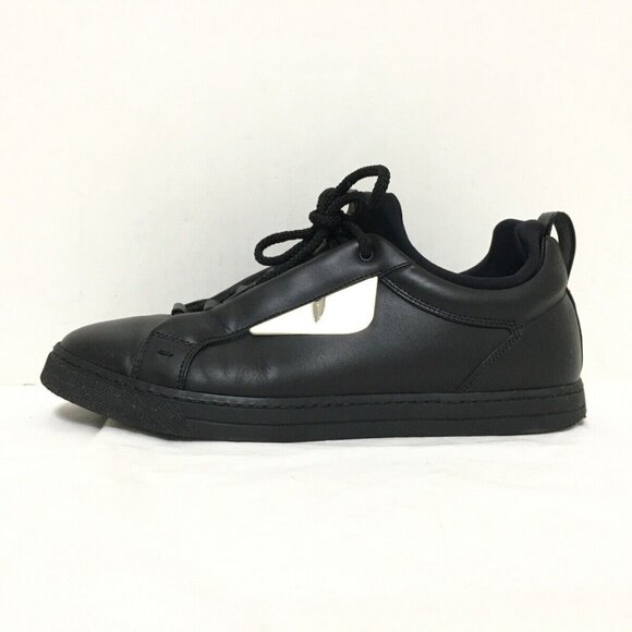 Auth FENDI Black Leather Chemical Fiber Men Sneakers